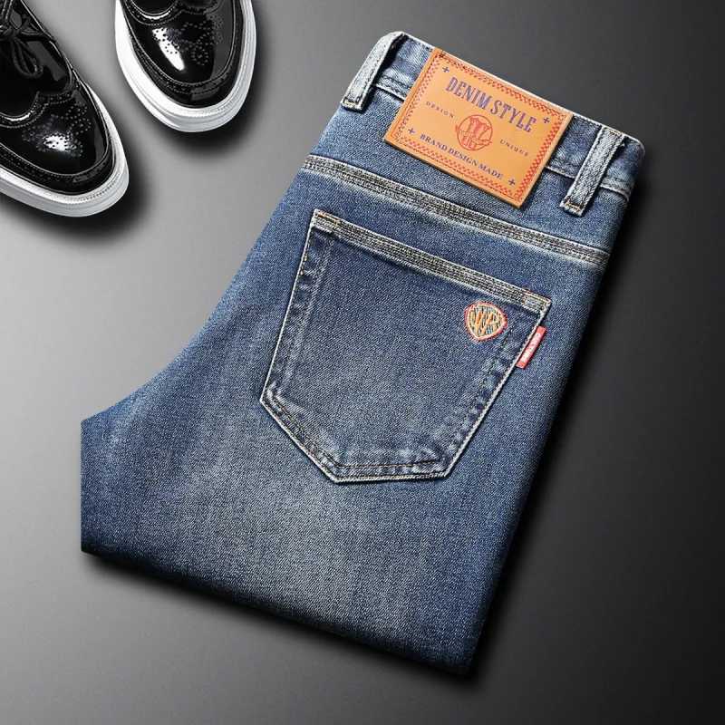 High end blue jeans mens autumn and winter elastic slim fit small straight leg pants fashionable pants W250925