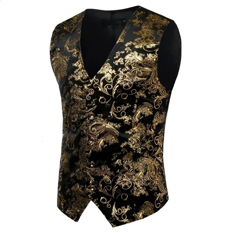 Mens Gold Metallic Paisley Printed Steampunk Vest Single Breasted V Neck Wedding Waistcoat Men Tuxedo Aristocrat Vests Gilet 2XL 241228bj