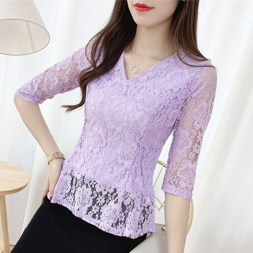 Women Spring Summer Style Lace Blouses Shirts Lady Casual Short Sleeve V-Neck Lace Blusas Tops ZZ0599 210317