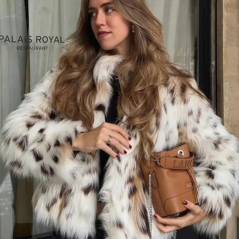 TRAF printed faux fur coat womens long sleeved winter 2024 fluffy jacket 241211Z