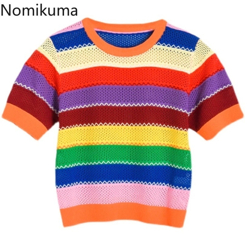 Nomikuma Korean Rainbow Hollow-out Knitted Tshirts Spring New Short Sleeve O-neck Graphic Tee Causal Women Shirts New 6G450 210427