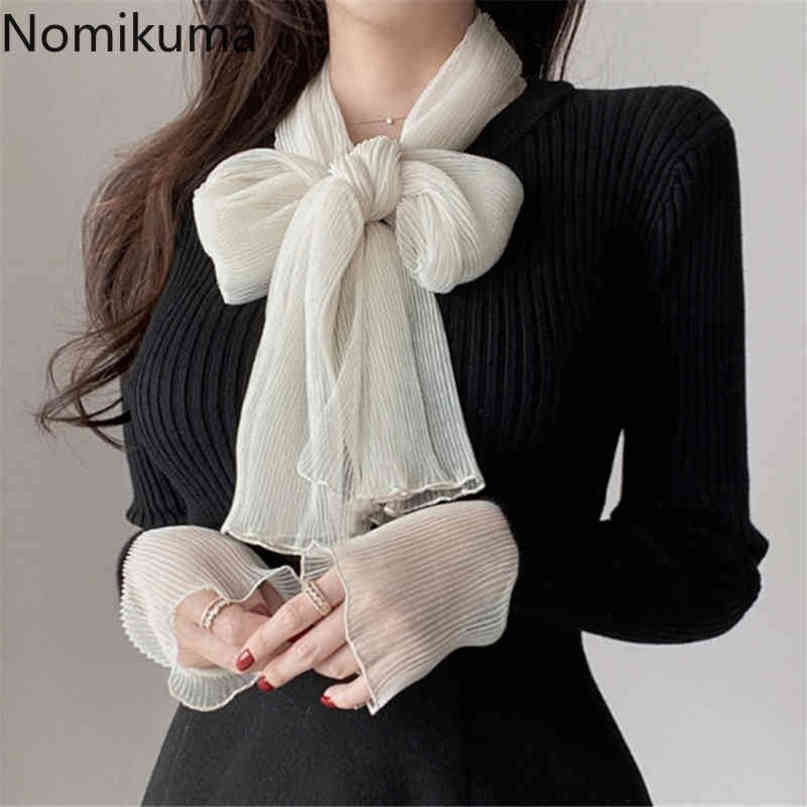 Nomikuma Korean Sexy Slim Pullover Knitwear Long Sleeve Autumn Winter Bottom Women Knitted Sweater + Elegant Bow Tie Scarf 6D715 210427