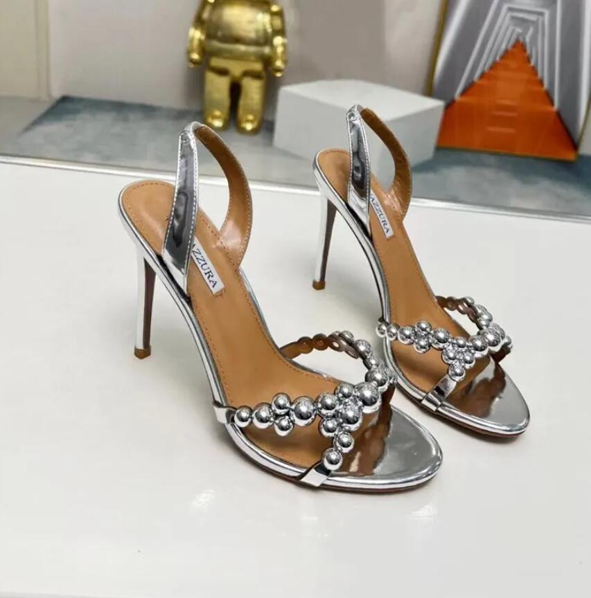 Designer Women luxury high heels Bubbles Leather sandals slingback sandaies sliver pearls dress pumps open toe sling back sexy style Evening with bo