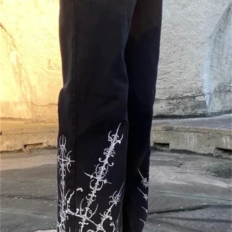 Gothic Punk Graphic Print High Waist Baggy Jeans Mens Womens Y2k Streetwear Black Straight Casual Denim Trousers Harajuku 240429