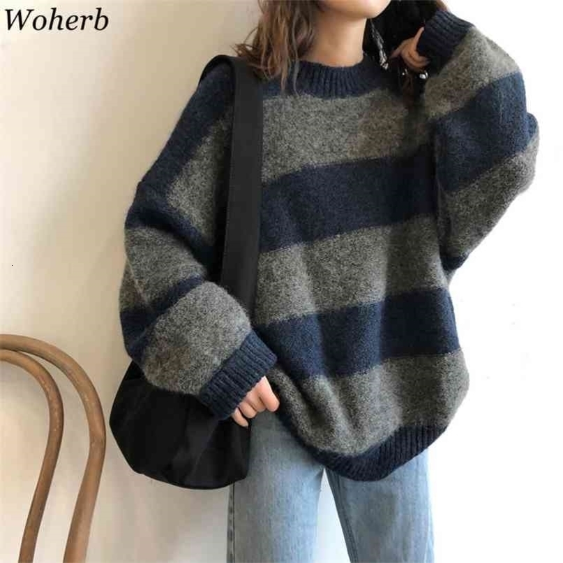 Woherb Women Oversized Thin Sweater Vintage Striped Loose Pullover Streetwear Autumn Knitted Jumper Femme Sueter Mujer 210917