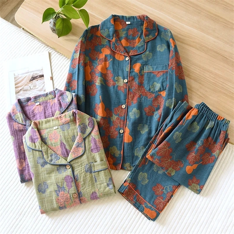 Japanese Spring and Autumn Womens Pajama Set 100% Cotton Vintage Long sleeved Pants Two Piece Set for Home Furnishings 240517