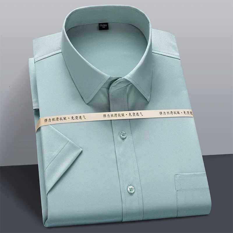 Men Summer Short Sleeve Shirt Stretch Striped Dress Shirts Slim Fit Formal Business Wrinkle Resistant Thin Cool Casual Shirts X250925