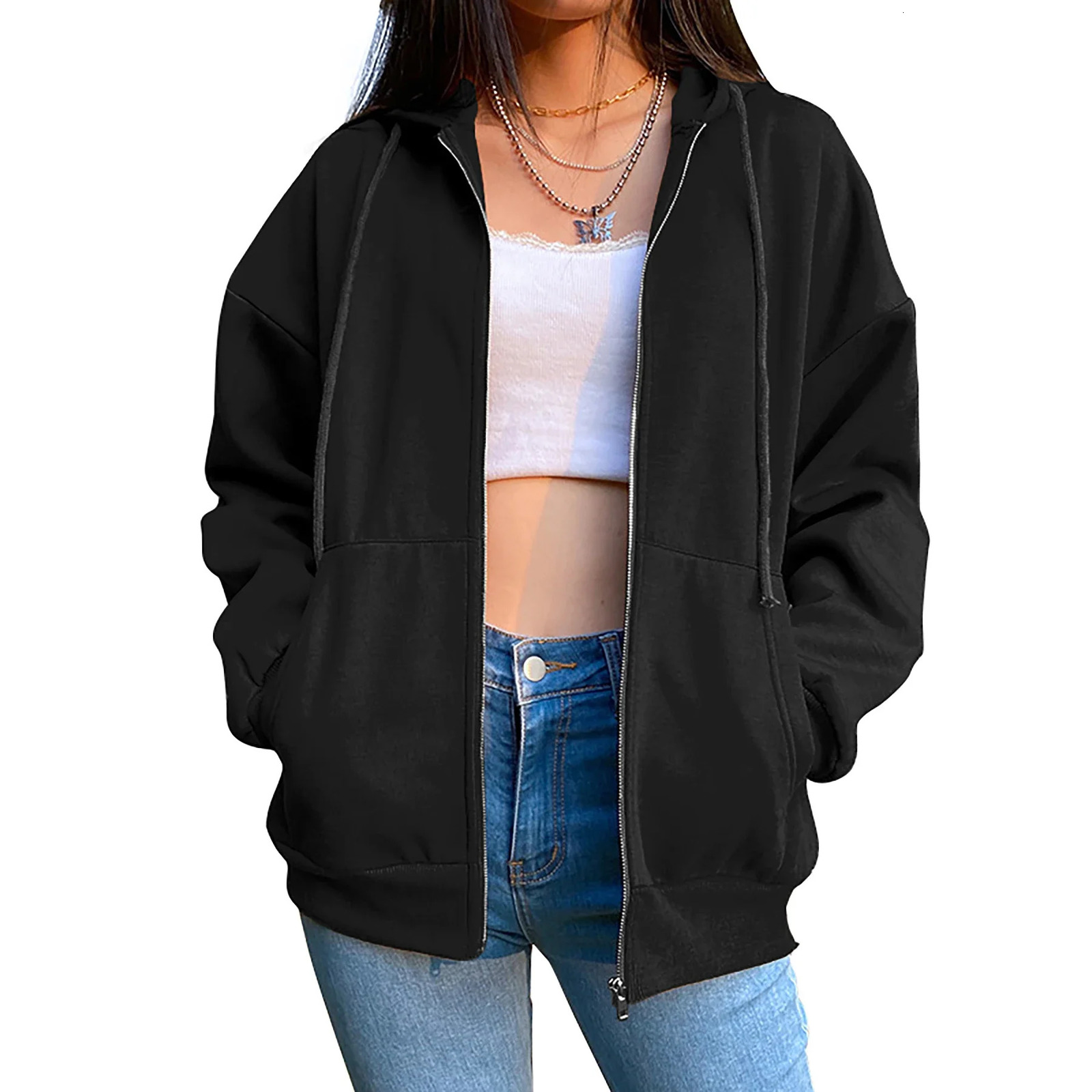 2024 Womens Sweatshirt Zipper Cardigan Hoodie Fashion Casual Versatile Solid Color Coat Fitness Sport Jogging Lady Top Clothing 250731Y