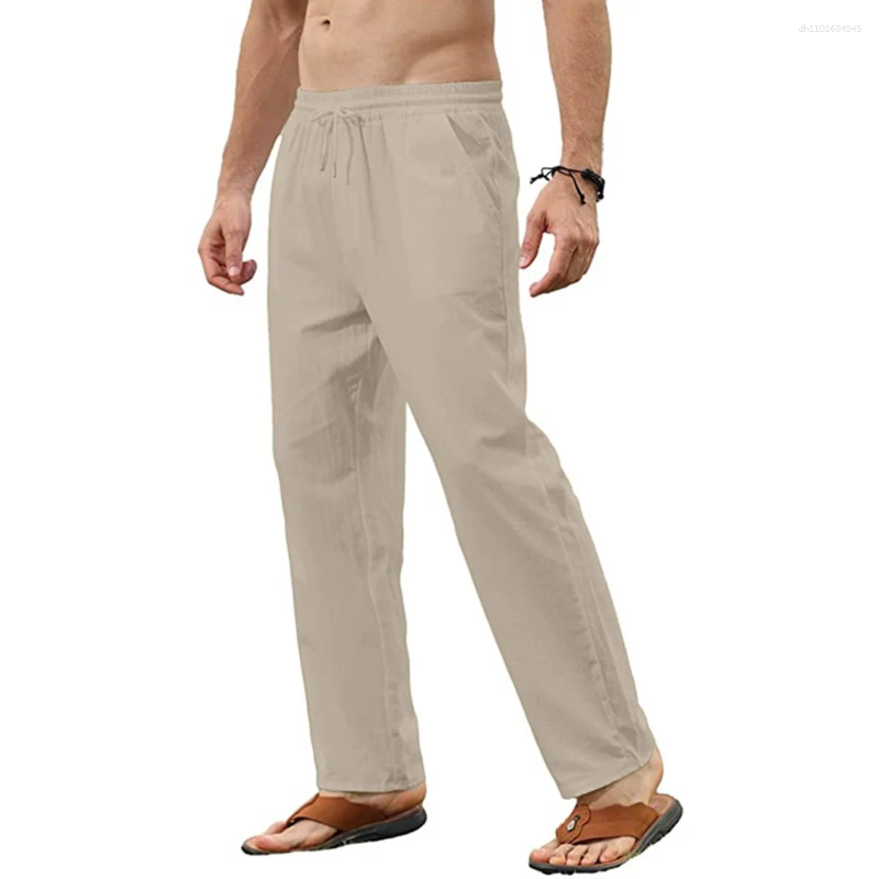Men's Pants Cotton Linen Casual Straight Leg Solid Color Trousers Breathable Drawstring Elastic Waist Male Daily Long