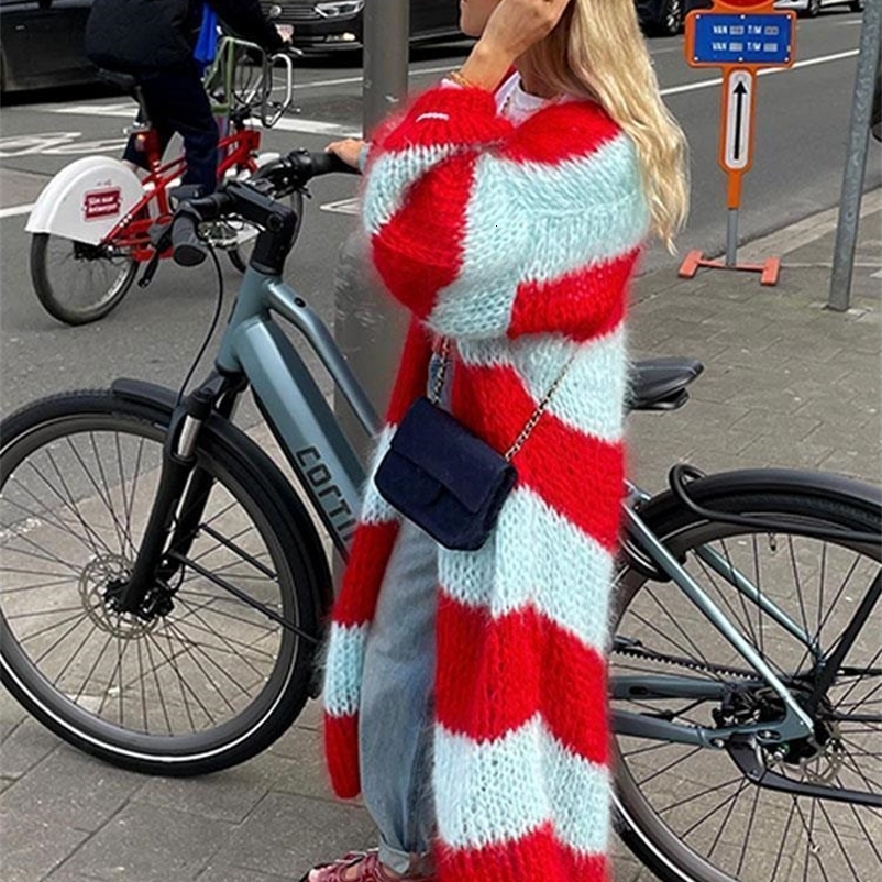 Women's Knits Tees Wome Vintage Striped Crochet Knitted Cardigan Casual Loose Thick Long Lantern Sleeve Sweater Autumn Winter Fashion Street Co
