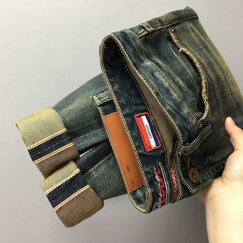 Street fashion heavyweight retro jeans mens trend distressed washed denim slim fit small leg pants W250925