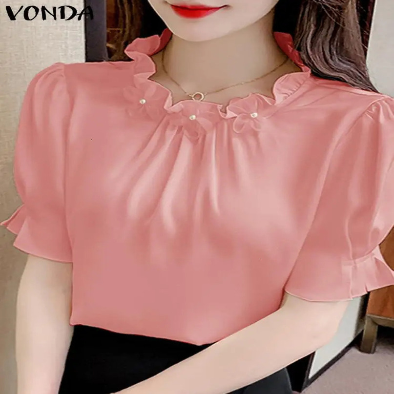 VONDA Summer Ruffled Blouses Women Fashion Elegant Short Puff Sleeve Shirts Tunic Top Casual Loose Solid Color Blusas Femme 240531