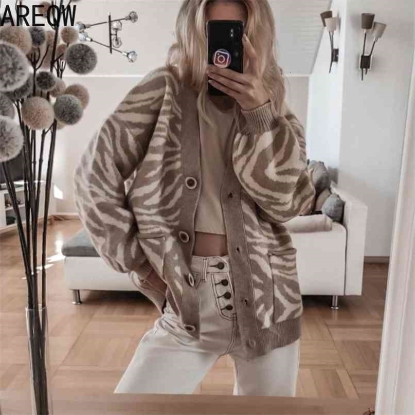 Spring Autumn Oversized Sweater Leopard Cardigan Casual Loose Female Knitted V-neck Jumper Fall Women Clothing 210917