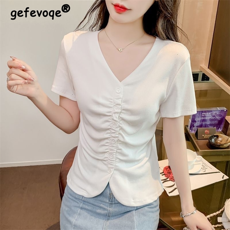 Women's T-Shirt Women's Clothing Summer Y2K Black White Ruched Slim Elegant Basic T-shirts Korean Fashion V Neck Short Sleeve Ribbed Tops