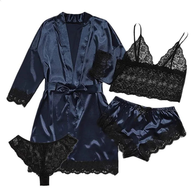 Black Sexy Womens Pajamas Satin 4piece Lace Silk Suspender Tops Shorts Robe Set Nightgown Underwear Nightdress Suit 240802