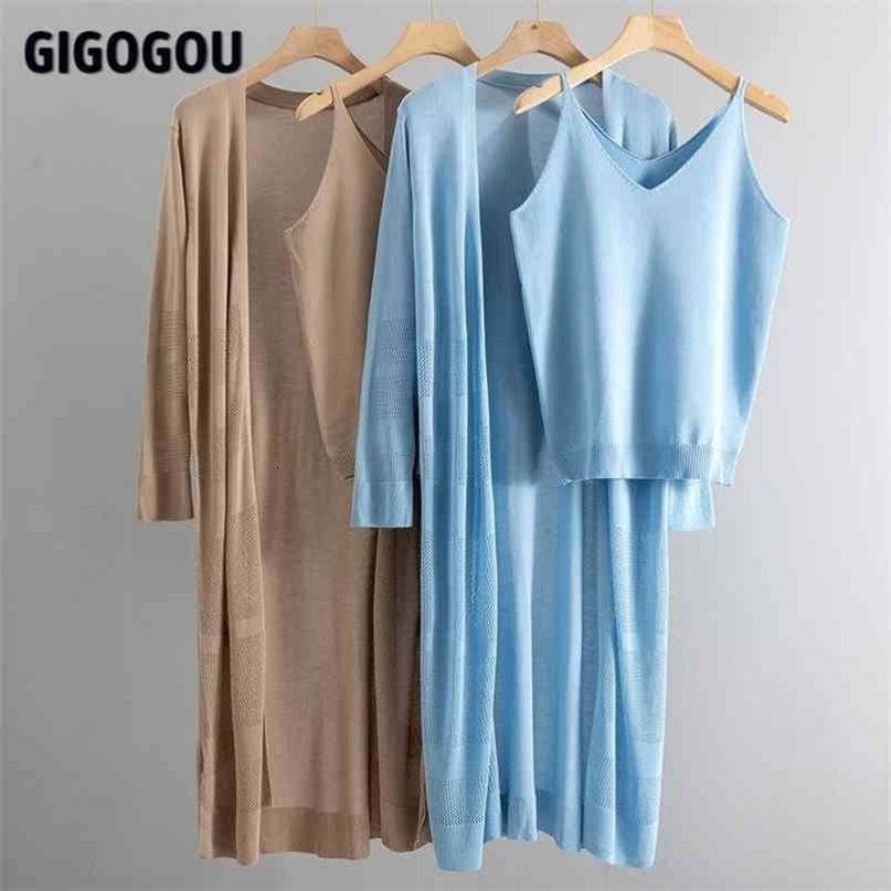 GIGOGOU Women Hollow Out Sunscreen Cardigan Sweater Spring Summer Solid Open Blouse Tops + Tank Top 2 Pcs Tracksuits Sweater Set 210917
