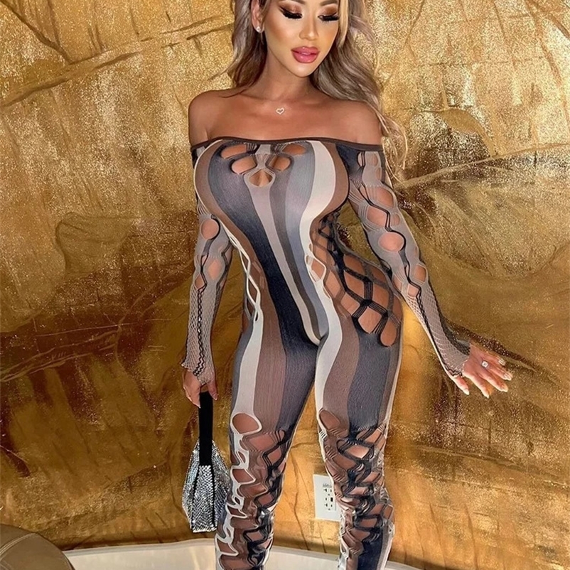 kliou Mesh Stripe Women Jumpsuits Hipster Sexy Thin See Through Off Shoulder Hollow Sheath Overalls Female Attractive One Piece 250122