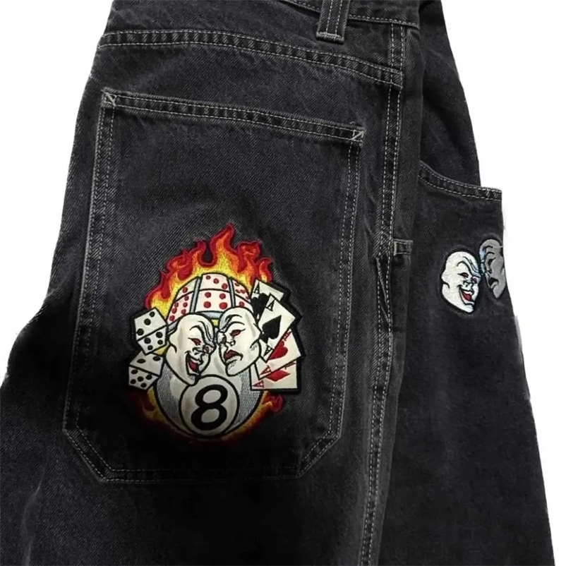 Black Jeans Punk Funny Pattern JNCO Jeans Y2k Hip Hop Baggy Jeans Harajuku Gothic Wide Leg Straight Leg Pants Streetwear 240429