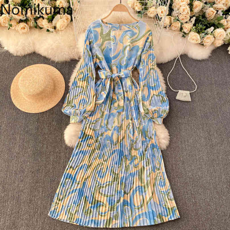 Nomikuma Korean Oil Printing Women Dress Pleated Puff Sleeve O-neck Dresses Bow Tie Slim Waist Elegant Mid-calf Vestidos 6E420 210427