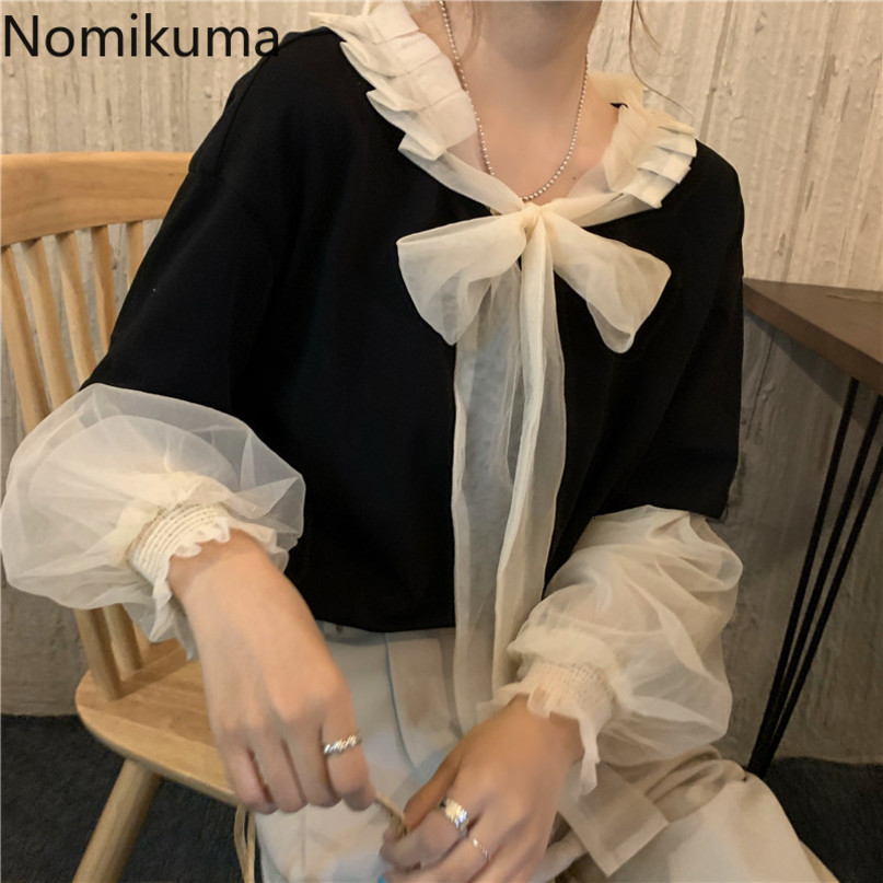 Nomikuma Elegant Mesh Patchwork Women T Shirt Spring Bow Tie O-neck Graphic Tee Causal Lantern Long Sleeve T-shirts 6F060 210427