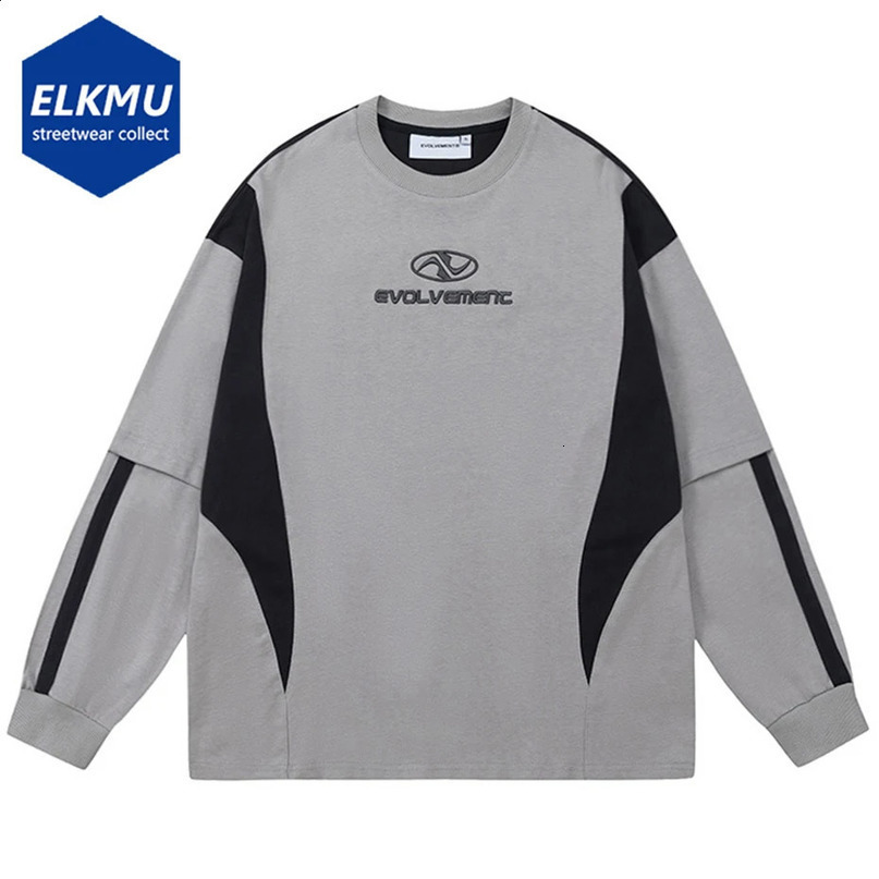 Hi Street Long sleeved Tshirt Color Block Splicing Work Extra Large Hip Hop Harajuku Mens Clothing Loose Casual Top Y2K 240815