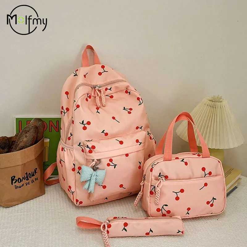 3 PcsSet Luxury Backpacks Large Capacity Cherry Backpack Fashion Nylon Schoolbag Lightweight Adjustable Strap Travel Backpack Z250925