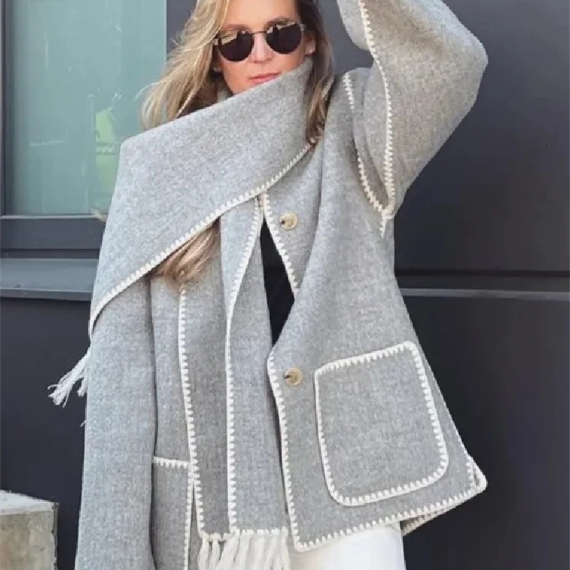 Women's Wool Blends Thick Woolen Coat Women Fashion Tasse Bow Neck Long Sleeve Lace Up Female Jacket Autumn Winter Loose Street Lady Outwear 23
