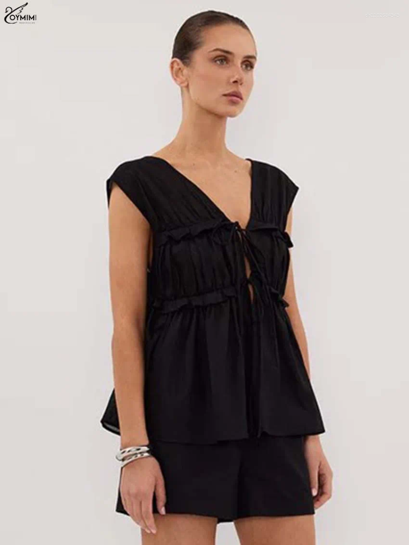 Women's Tracksuits Oymimi Casual Black Cotton Two Pieces Set Elegant V-Neck Sleeveless Ruffled Lace-Up Shirts And Drawstring Shorts Sets