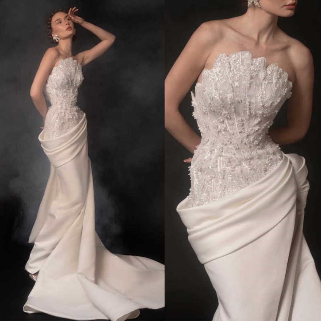 Elegant Wedding Dresses Mermaid Strapless Appliques Pearls High Split Backless Sleeveless Bridal Gowns Customized Vestido de novia
