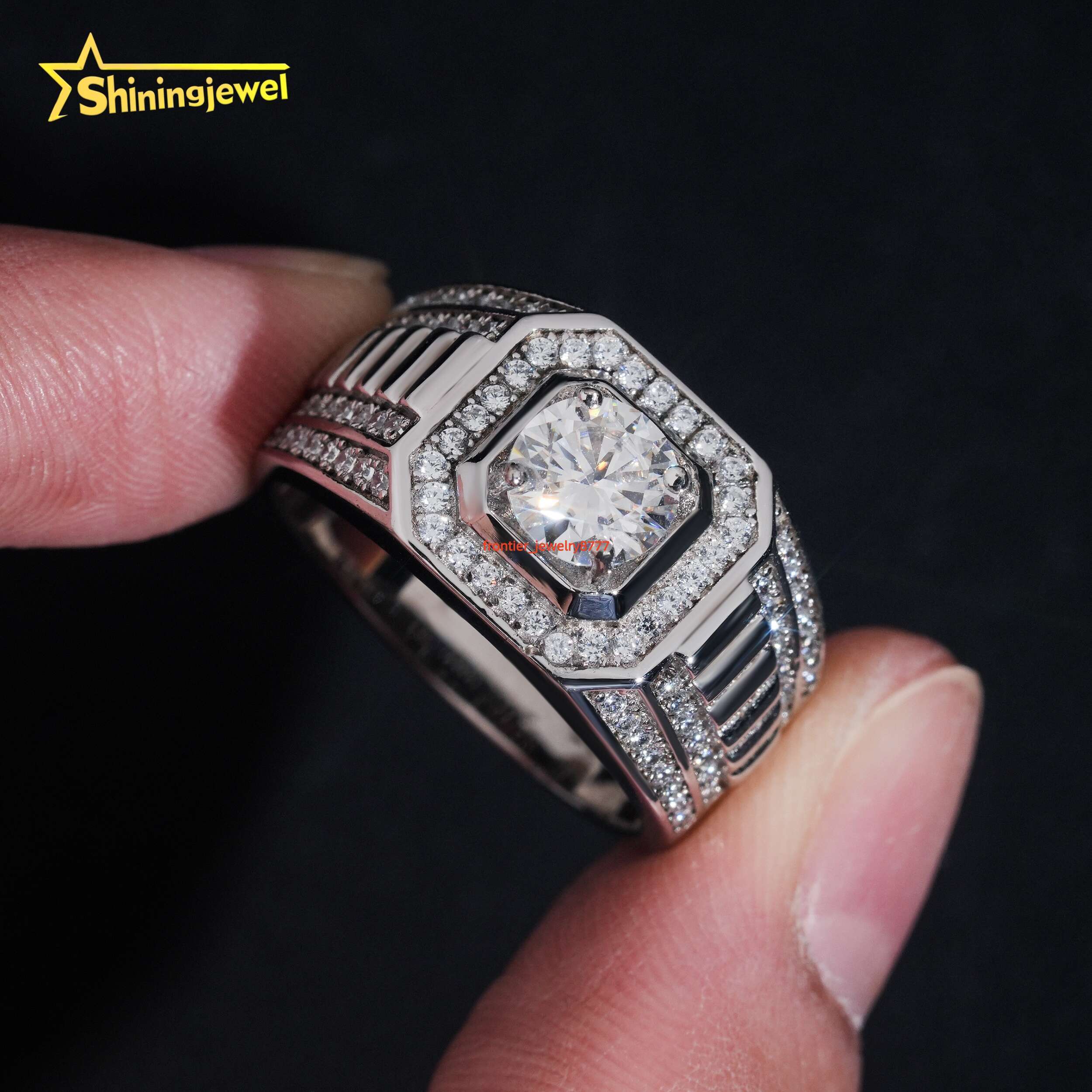 Custom Solid 925 Silver Hip Hop Men Jewelry Silver Plated Round Diamond Ring VVS Moissanite Iced Out Band Ring for Men