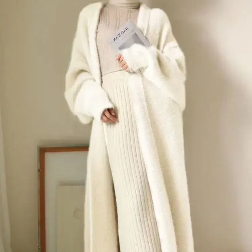 Womens autumn and winter long mink wool cardigan wool cardigan wool medium thick casual style knitted jacket 241031