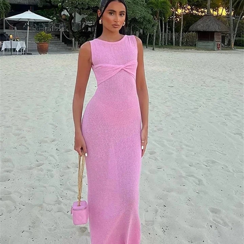 Knitted Long Dress Women O-neck Sleeveless Bow Slim Hip Package Dresses Summer Beach Solid High Waist Streetwear Robe 240530