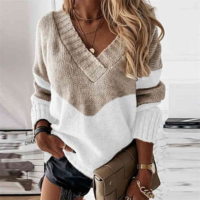 Autumn Winter Long Sleeve Fashion Patchwork Loose Pullover Elegant V Neck Women Knit Sweater Casual Office Lady Top Streetwear 210917