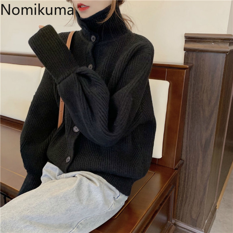Nomikuma Elegant Turn-down Collar Sweater Cardigan Korean Solid Causal Jacket Autumn Long Sleeve women Knitted Coat 6C050 210427