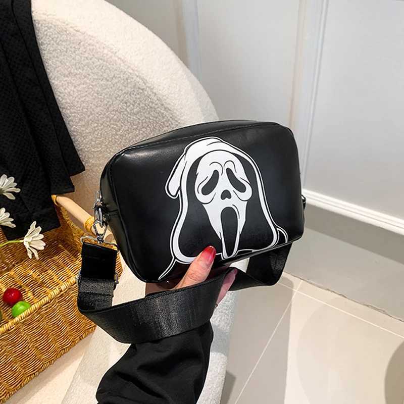 Y2K Ghost Graphic Crossbody Bag, Women's Mini Black PU Leather Shoulder and Handbag with Zipper Closure, Halloween-Themed Gothic Purse for Daily Out