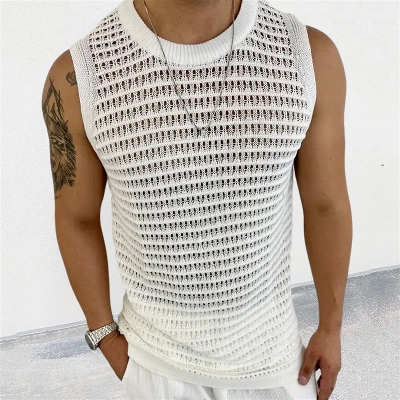 Fashion Knit Tank Tops Men Streetwear Summer Leisure Hollow Out Knitting Camisole Sleeveless Crew Neck Solid Mens Vest Vintage 240530