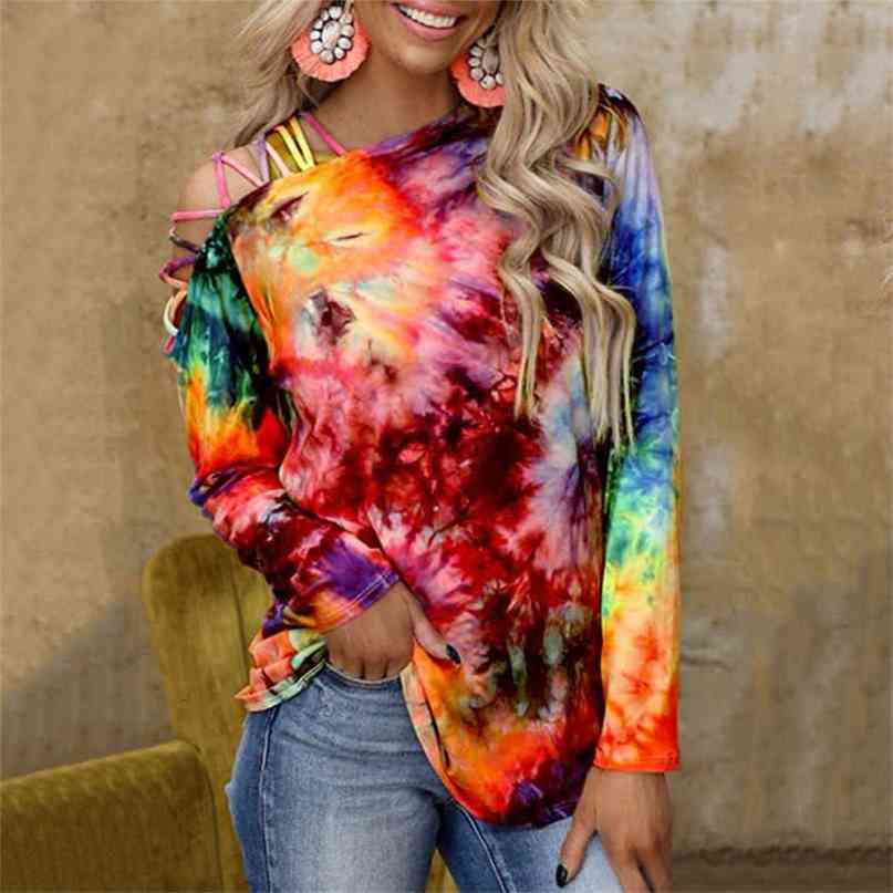 Tie-Dye Printed Off Shoulder T-shirt Long Sleeve Sexy Casual Loose T-shirt for Women Top Slant Collar Spring and Summer S-2XL 210819