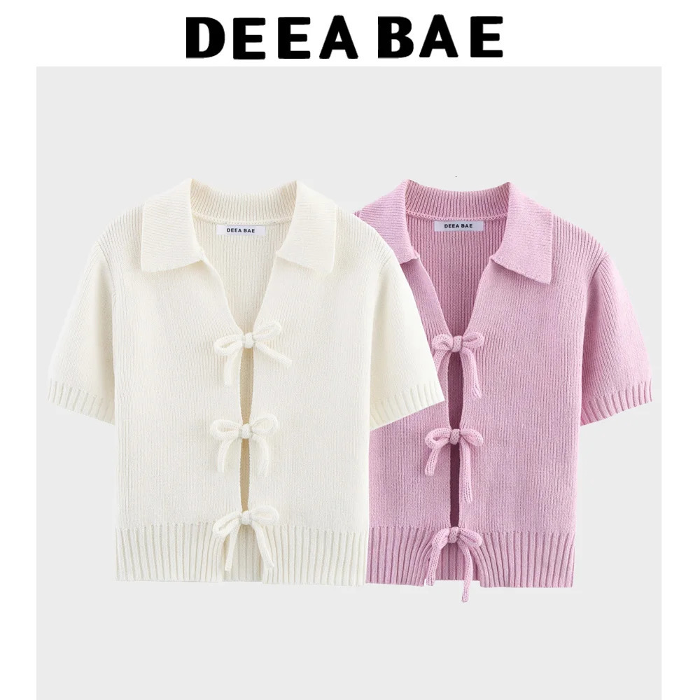 DEEABAE Womens Korean Casual Style Sweet And Pure Desire Bow Decoration Knitted Short Sleeved Lapel Top 250905