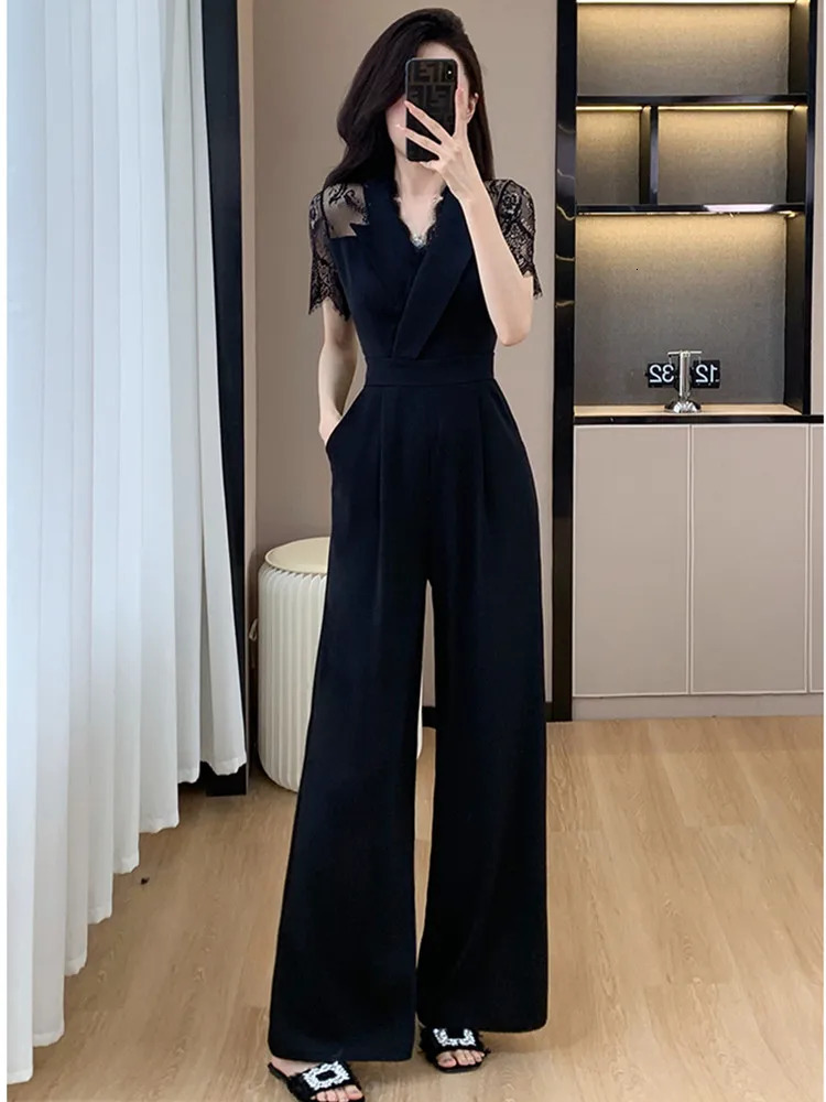 HMA Summer Jumpsuit Women Fashion Lace Patchwork Short Sleeve Ladies High Waist Jumpsuits Casual Woman 250731