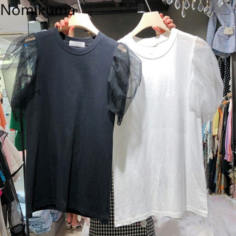 Nomikuma Spring Summer New Graphic T Shirts Mesh Puff Short Sleeve Women Tees Korean Causal O-neck Chic Tops Shirt 6F722 210427