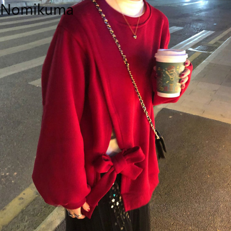 Nomikuma Women Sweatshirt Korean Bow Tie Split Pullover Tops Causal Long Sleeve O-neck Women Jumper New Sweet Hoodies 6E100 210427