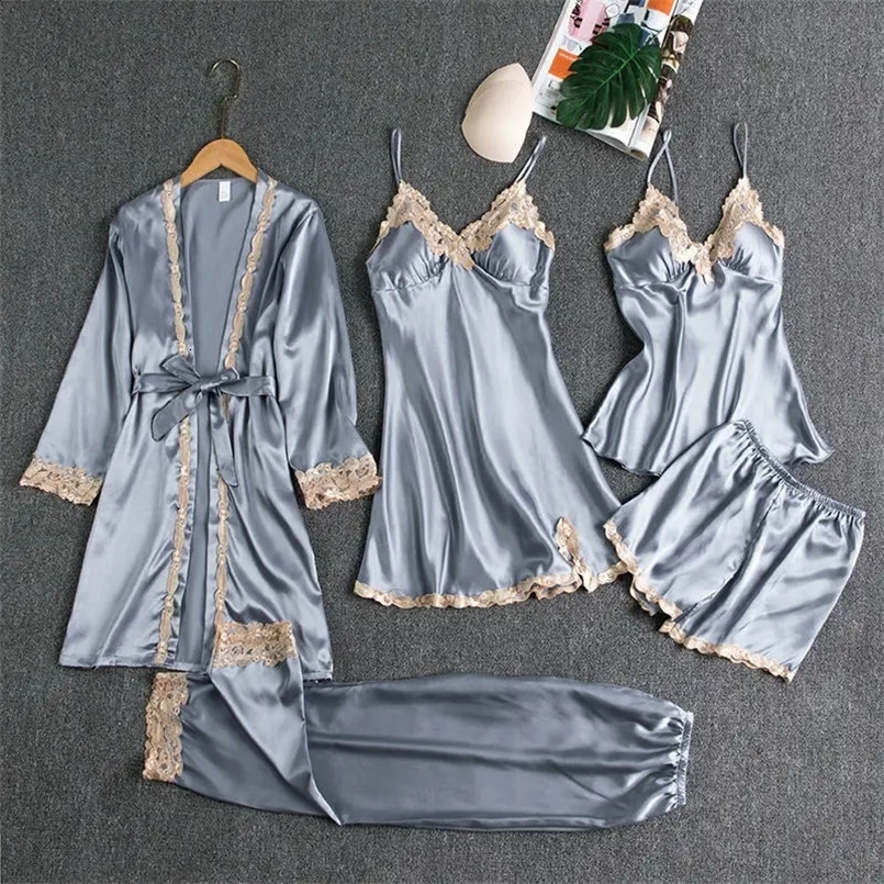 Autumn Spring Women Pajamas Set Lace Trim 5PCS Sleepwear Sexy V-neck Robe Suit Femme Kimono Gown Satin Silky Sleep Set Home Wear 250411
