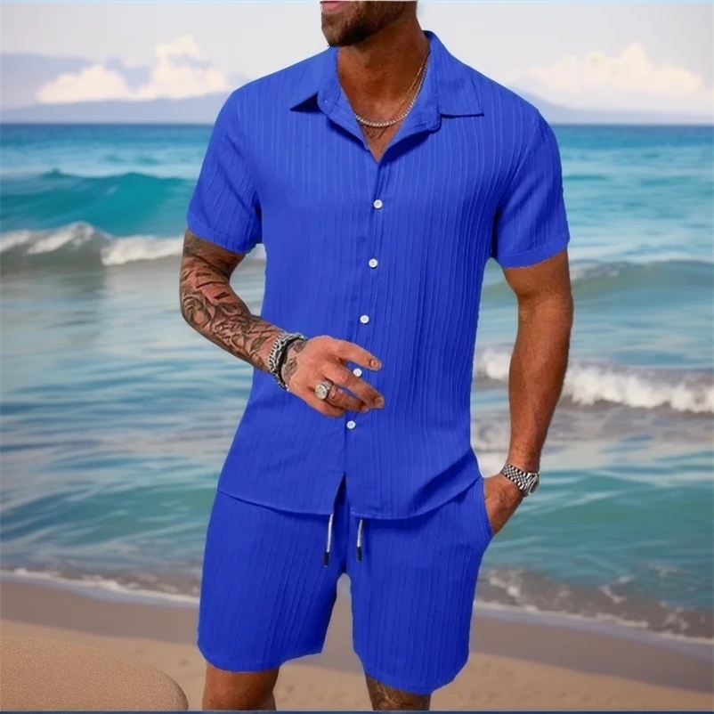 Mens shirt set striped solid color lapel short sleeve shorts beach wear casual relaxed breathable fashion clothing 240518