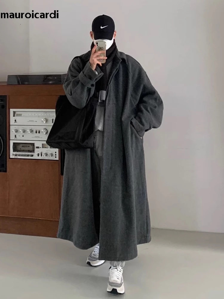 Mauroicardi Autumn Winter Long Warm Grey Black Slouchy Woolen Coat Men Single Breasted Loose Casual Wool Blends Overcoat 250923