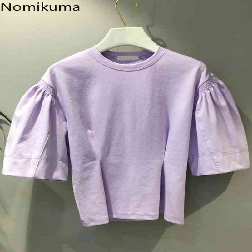 Nomikuma Spring Summer New Graphic T Shirts Korean Pleated Puff Sleeve O-neck Tee Tops Causal Solid Women Tshirt 6G282 210427
