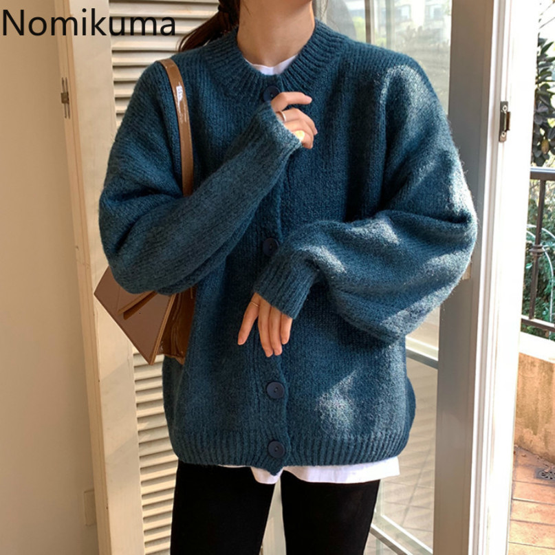 Nomikuma Korean Women Sweater Coat Autumn New Causal Knitted Cardigan Jacket Long Sleeve O-neck Solid Pull Femme 6B945 210427