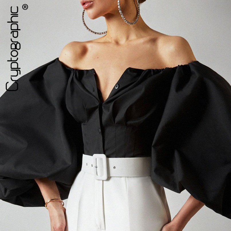 Womens Blouses Shirts Cryptographic Off Shoulder Lantern Sleeve Sexy Women Top and Blouse Button Up Backless Crop Tops Fashion Blusas Mujer 230404