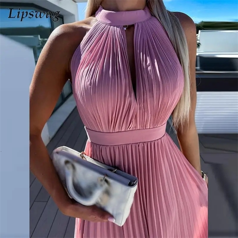 Elegant Solid Hollow Long Dress Women Fashion Hight Waist Solid Party Dress Office Lady Sexy Sleeveless Pleated Beach Dress 240318