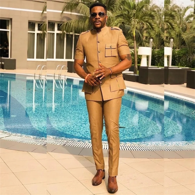 Golden Mens Suits Blazer Short Sleeve Regular Length 2 Piece Jacket Pants Single Breasted Stand Lapel Customized Slim Fit 250522