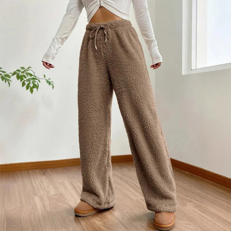 Autumn Winter Solid Women Plush Warm Fleece Wool Pants Casual Loose Drawstring High Waist Comfortable Material Sweatpants 250102